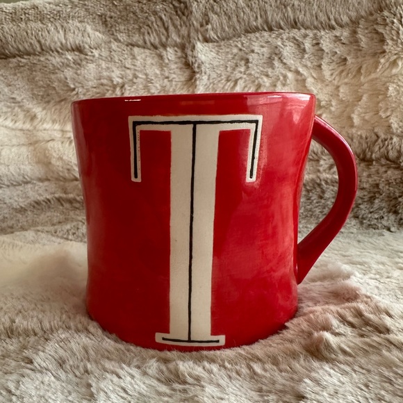 Anthropologie Hand painted Red Ceramic Monogram  “T” Coffee Mug - Picture 1 of 4